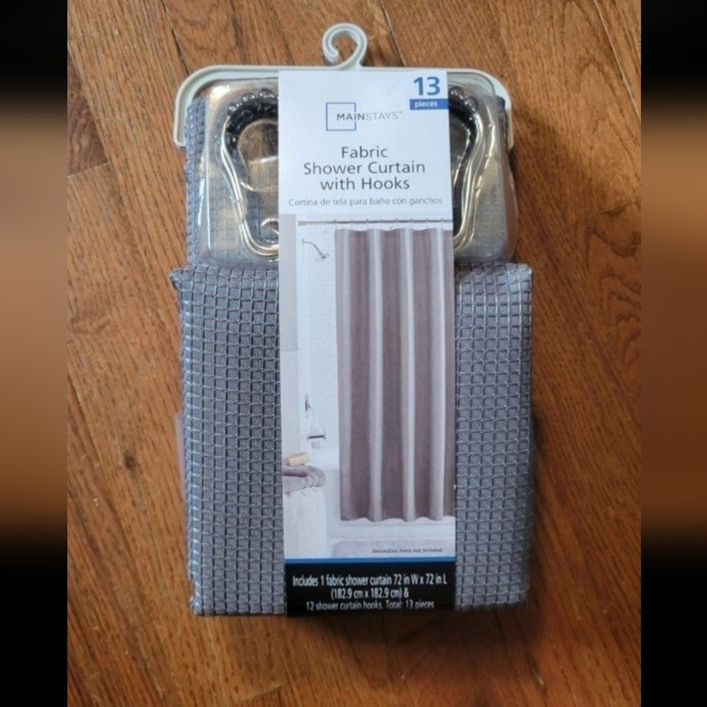Gray Waffle Texture Fabric Shower Curtain with Hooks